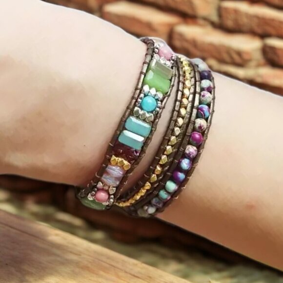 Bohemian Bliss Natural Jasper & Crystal Vegan Leather Handmade Wrapโ Bracelet - Picture 10 of 13